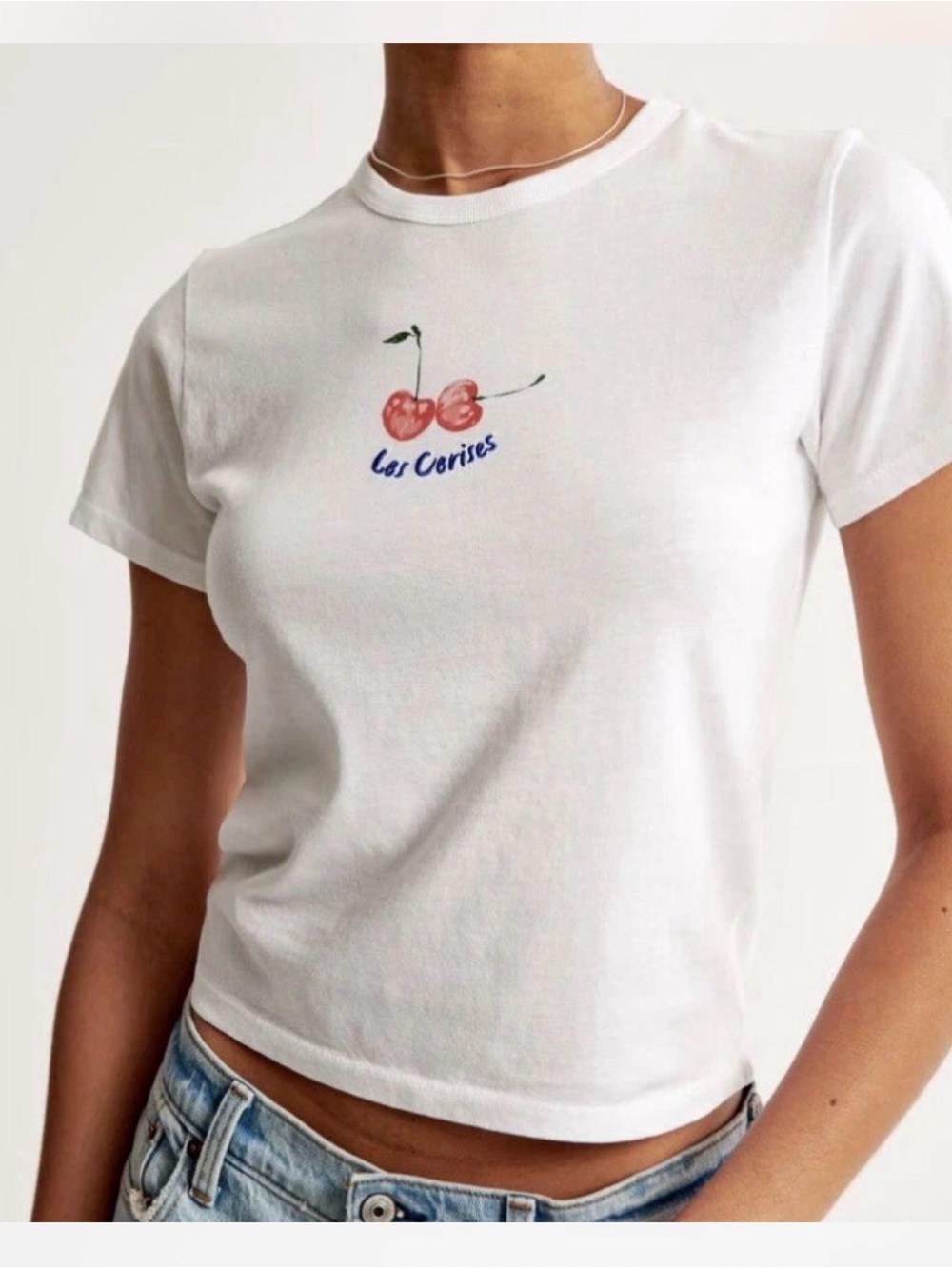 Abercrombie & Fitch White Crop Tee with Cherry Graphic